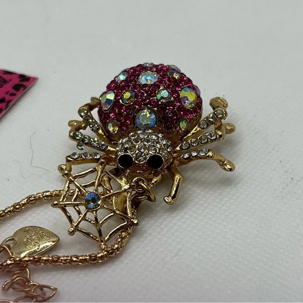 NECKLACE! HALLOWEEN! Betsey Johnson Pink Rhinestone Spider with Web BNWT